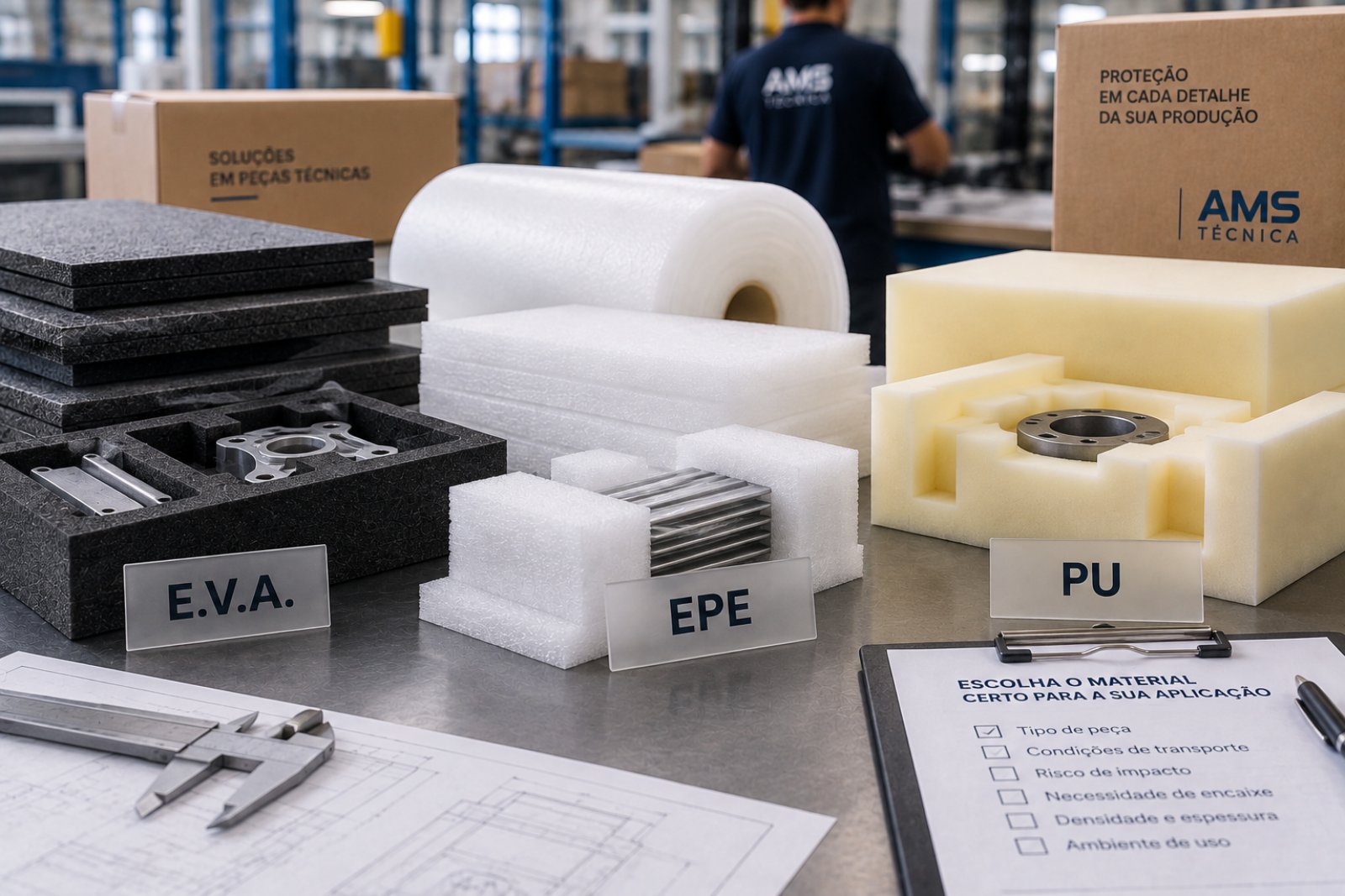 Como escolher entre E.V.A., EPE e PU para proteção de peças?